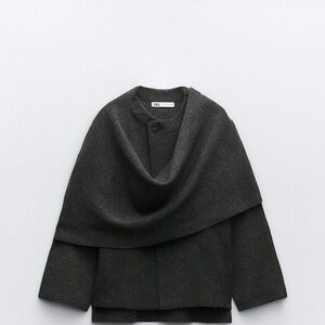 Zara Women's Grey Crop Knit Coat with Asymmetrical Scarf